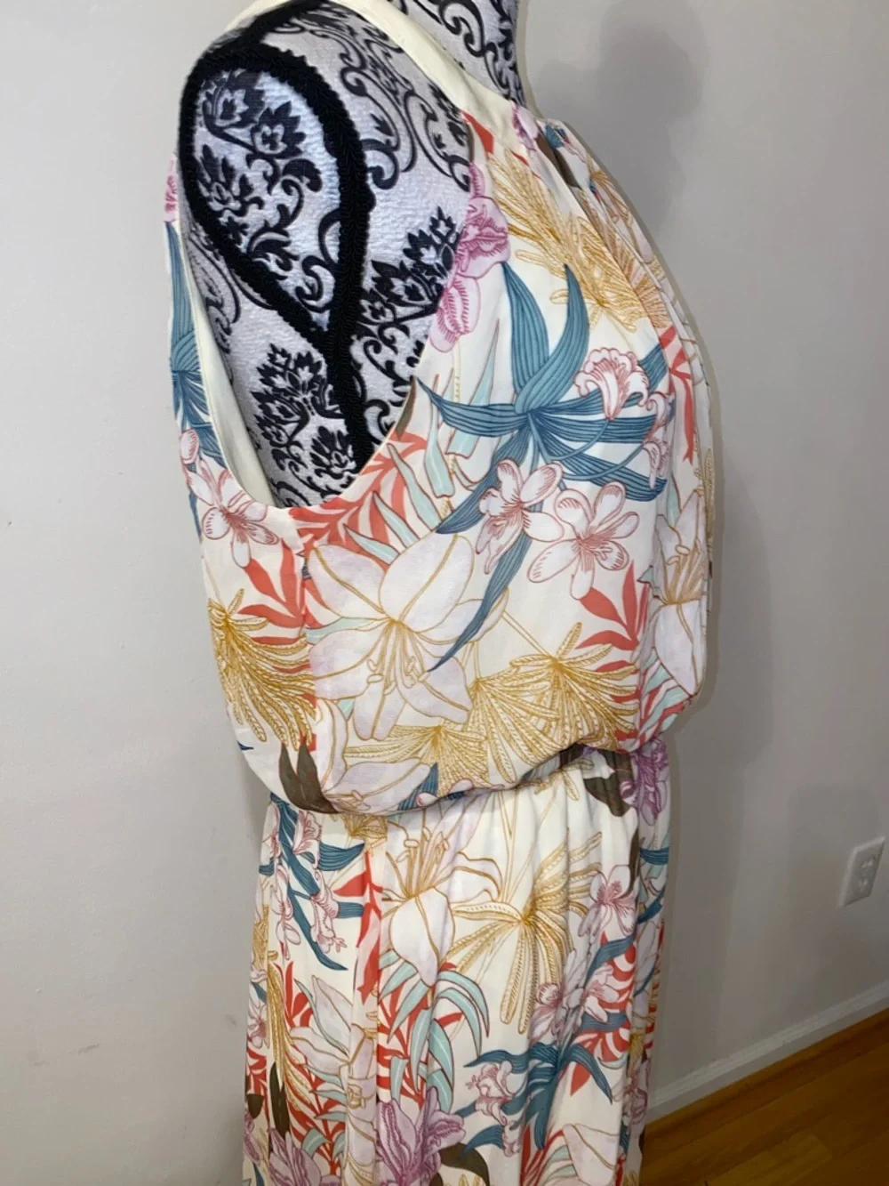 NWT! Robbie Bee Cream Maxi Dress with Coral, Teal & Mustard Floral Print Size 14 - Picture 5 of 16